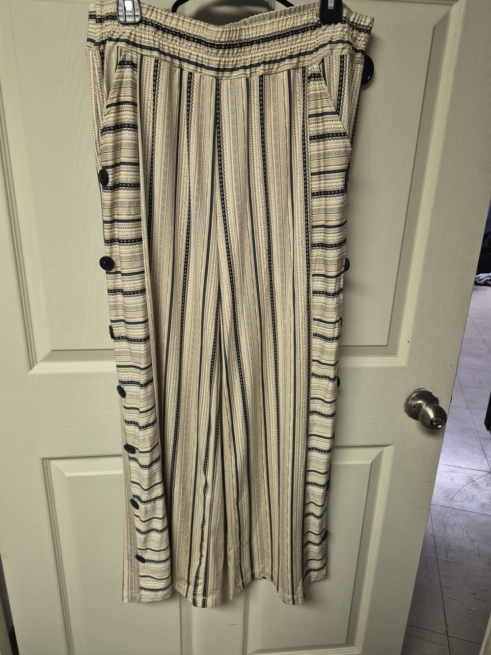 Robert Louis Cream and Black Striped Wide-Leg Pants with Side Buttons